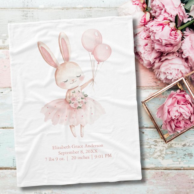 Manta Polar Ballerina Rosa Bunny Nacimientos Estatales de Naci (Pink Bunny Ballerina with Pink Flowers and Balloons Birth Stats Baby Girl Baby Blanket)