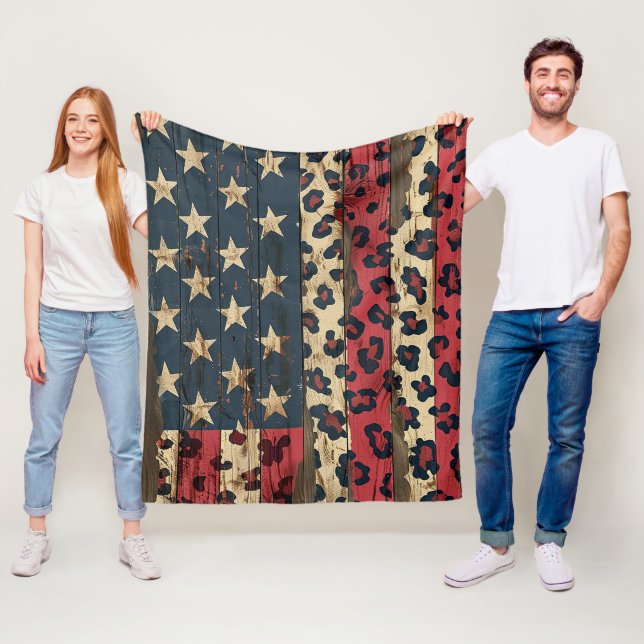 Manta Polar Bandera Americana Rústica con Estampado de Leopard (In situ)