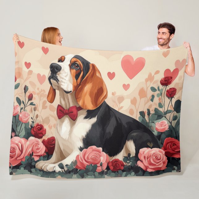 Manta Polar Basset Hound con Rosas - Día de San Valentín  (In situ)