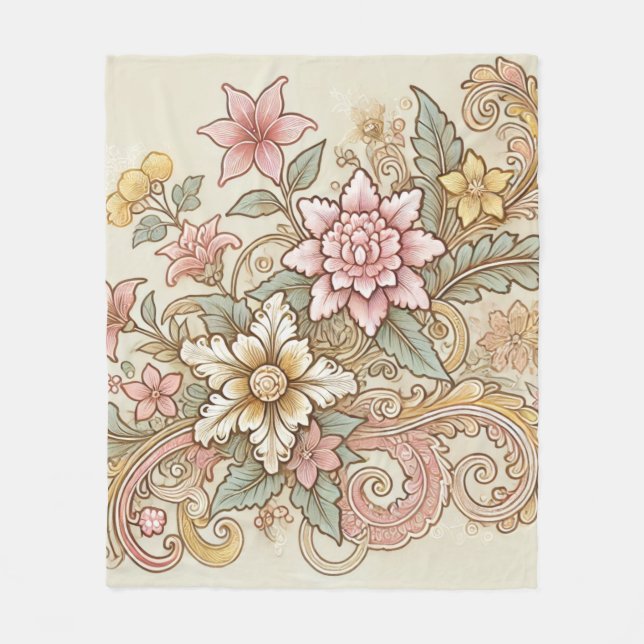 Manta Polar Batik floral de boho amarillo rosado pastel beige (Anverso)