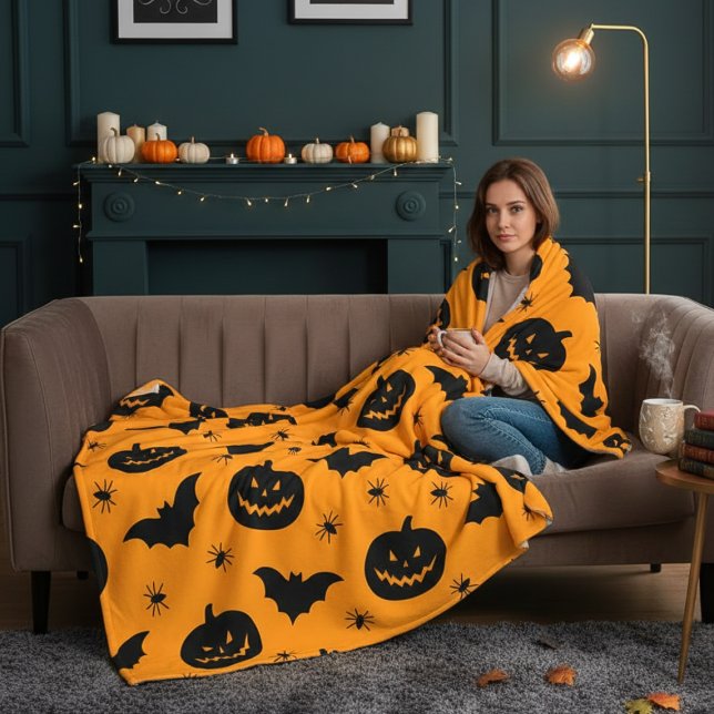 Manta Polar Bats, pumpkin heads and spiders Halloween Plush (Bats, pumpkin heads and spiders Halloween Plush Fleece Blanket)