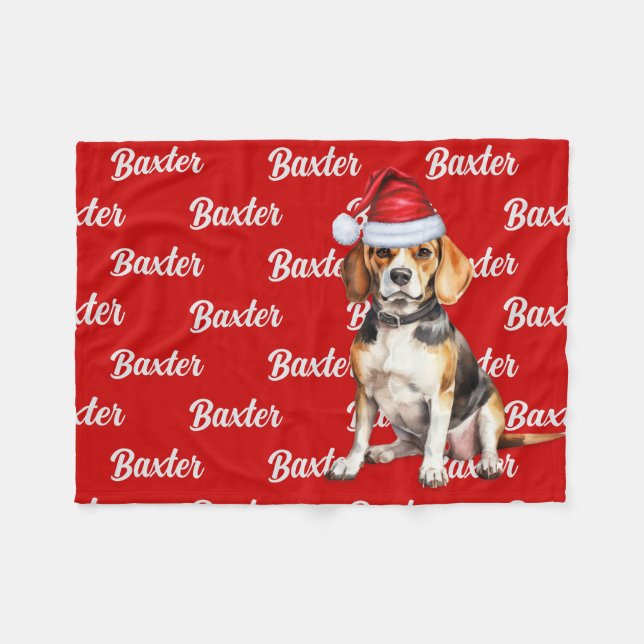 Manta Polar Beagle en rojo con perro Navidad de nombre (Frente (Horizontal))