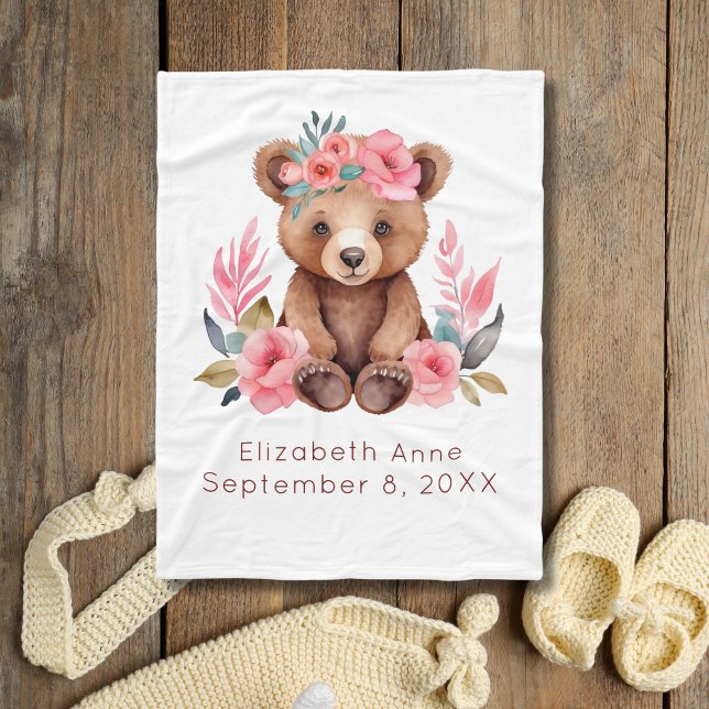 Manta Polar Bear Bear Flores Rosa Regalo acuático Bebé (Baby Bear Pink Flowers Birth Stats Personalized Baby Girl baby blanket)