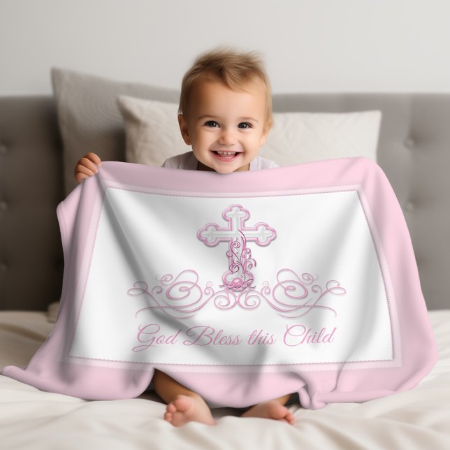 Manta Polar Bebé cruzado rosado Baptism Blanc (Pink cross christening and baptism baby blanket. Personalize with your text or leave as is.)