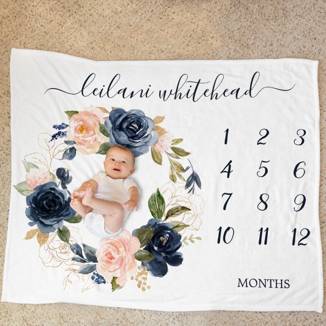 Manta Polar Bebé floral Mes hito bebé en la marina de Rubor (Enjoy this botanical floral wreath large baby blanket to photography your baby each month.)
