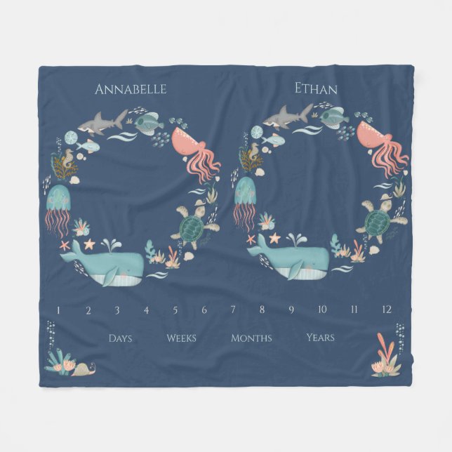 Manta Polar Bebé gemelo hito azul bajo el mar Animales (Frente (Horizontal))