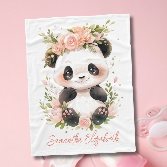 Manta Polar Bebé Panda Flores Florales Rosa Nene Regalo Niña (Baby Panda Bear with Pink Flowers Baby Blanket. Personalize it with her name. Available in 3 sizes)