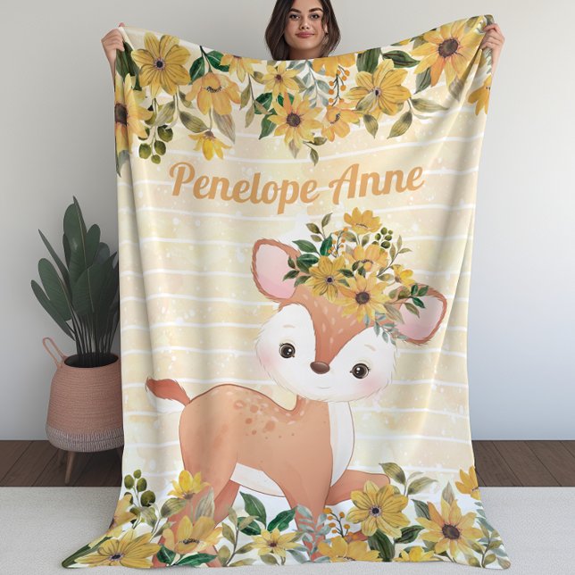 Manta Polar Bebé venado con girasol Funda con nombre (Baby Deer with Sunflowers Fleece Blanket with Name (L))