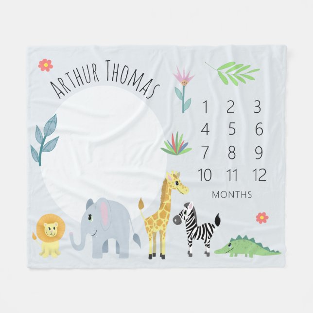 Manta Polar Bebés Cutan la Selva Azul Hitos de Safari (Frente (Horizontal))