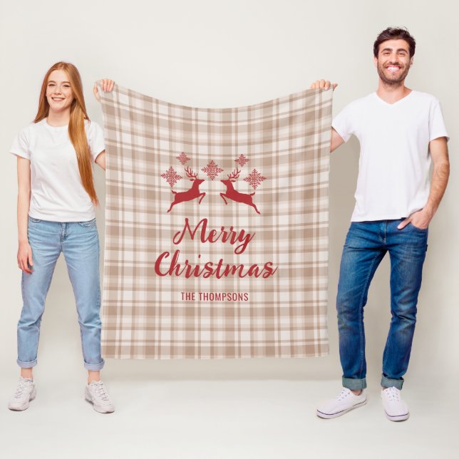 Manta Polar Beige Plaid Red Deer Merry Christmas Custom Nombre (In situ)