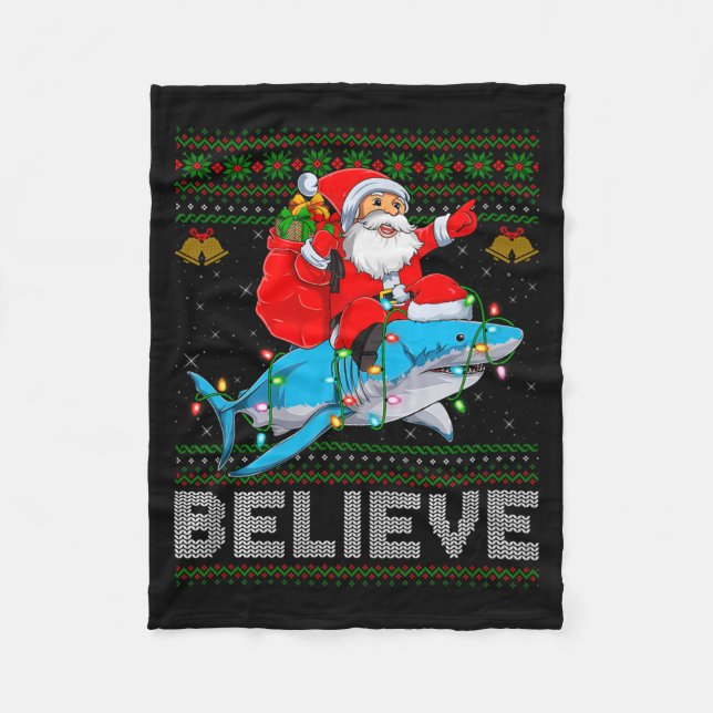 Manta Polar Believe Xmas Funny Santa Riding Shark Ugly Christm (Anverso)