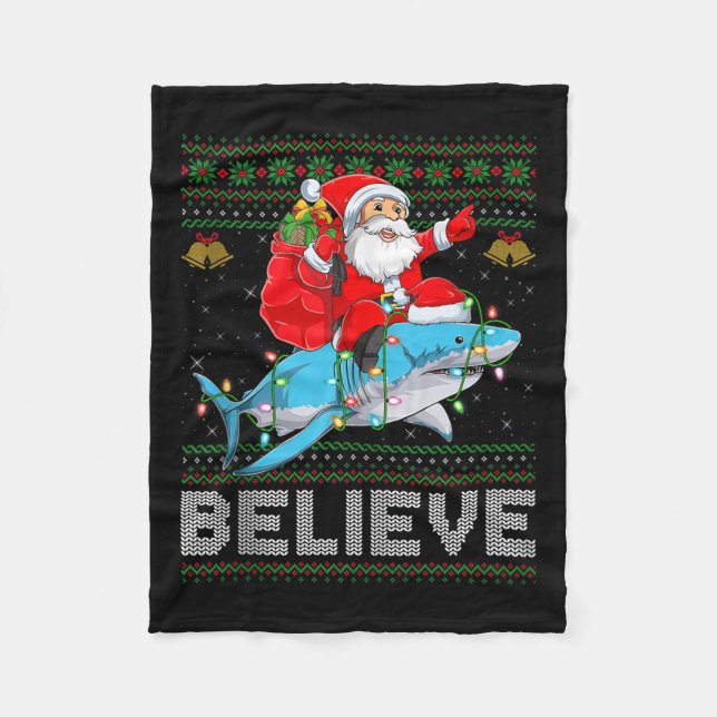 Manta Polar Believe Xmas Funny Santa Riding Shark Ugly Christm (Anverso)