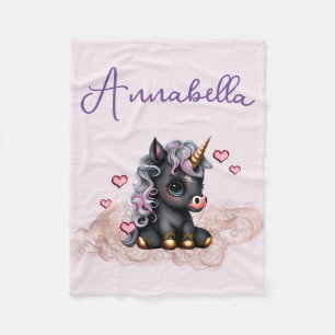 Manta Polar Bello Bebe Unicornio Negro y Corazones