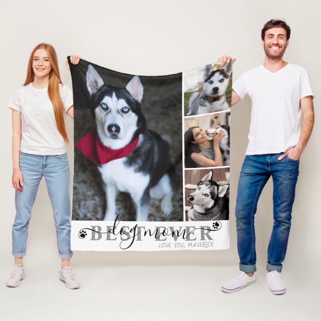 Manta Polar Best Dog Mom Ever Script 4 Photo Collage Pawprints (In situ)