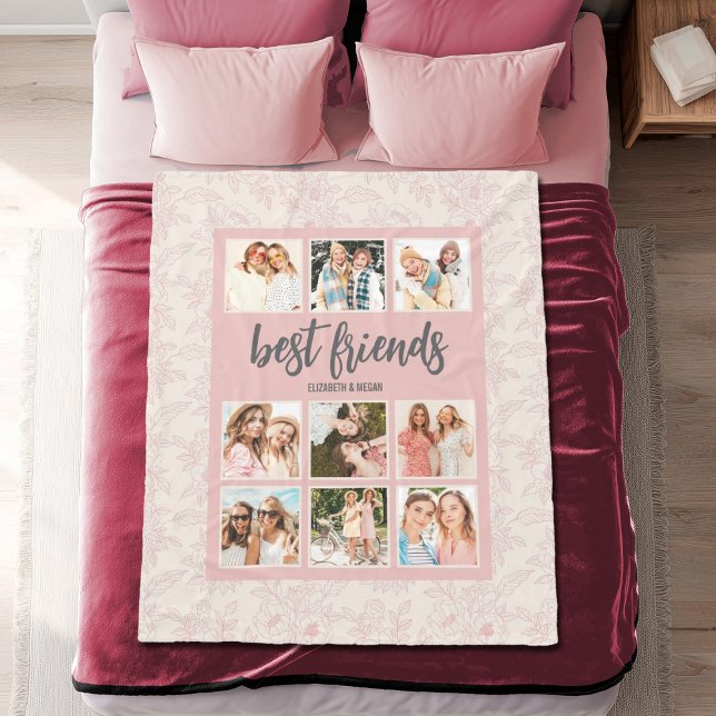 Manta Polar Best Friends BFF Pink Photo Collage with Names (Personalize this pretty pink best friends blanket with 6 photos and your names. Makes a fun gift.)