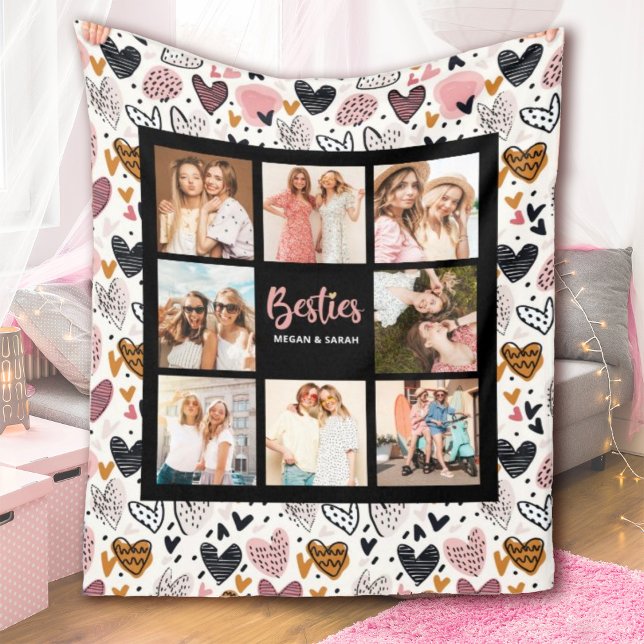 Manta Polar Best Friends Stylish BFF Friendship Photo (A cute best friends blanket with a heart pattern background. Personalize 8 photos and your names.)