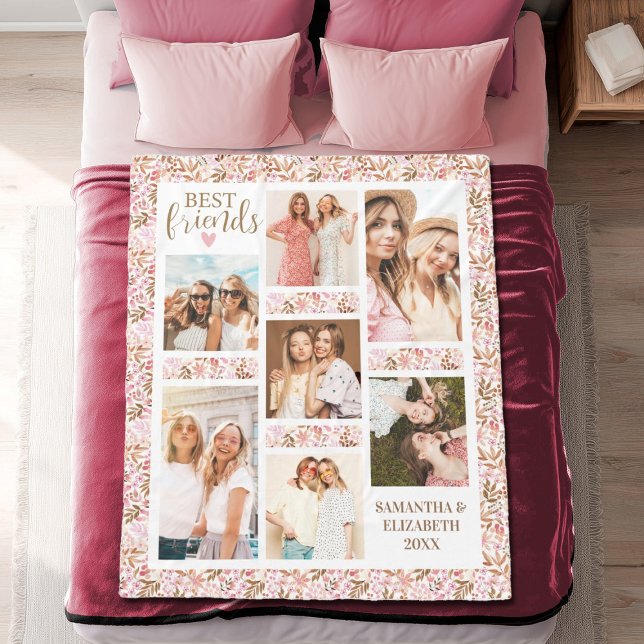 Manta Polar Best Friends Stylish BFF Friendship Pink Photo (A pretty floral 7 photo best friends blanket. Personalize it with the names and photos of your best.)