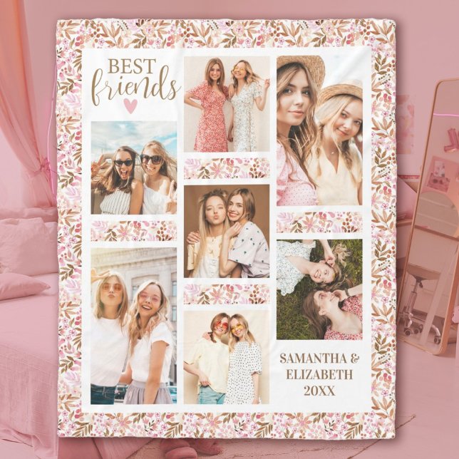 Manta Polar Best Friends Stylish BFF Friendship Pink Photo (A pretty floral 7 photo best friends blanket. personalize it with your names and photos.)