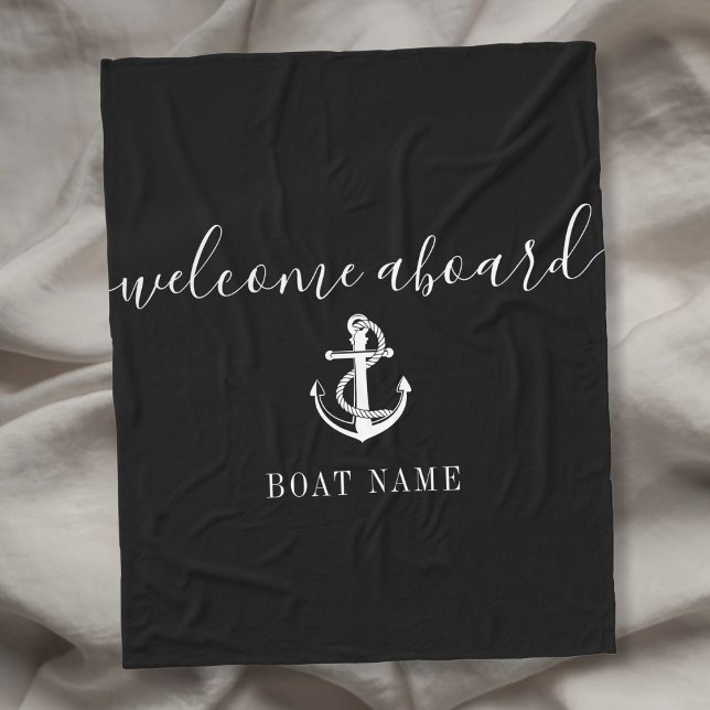 Manta Polar Bienvenido a bordo Nombre del barco Ancla Negra y  (Welcome Aboard Black And White Anchor Boat Name Fleece Blanket)