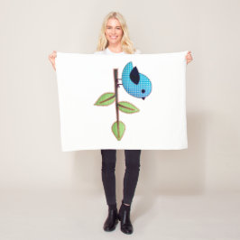 Manta Polar Bird Blue Gingham con hojas de bordado