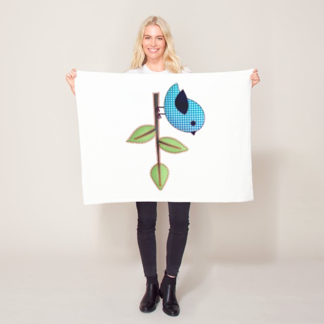 Manta Polar Bird Blue Gingham con hojas de bordado (In situ)
