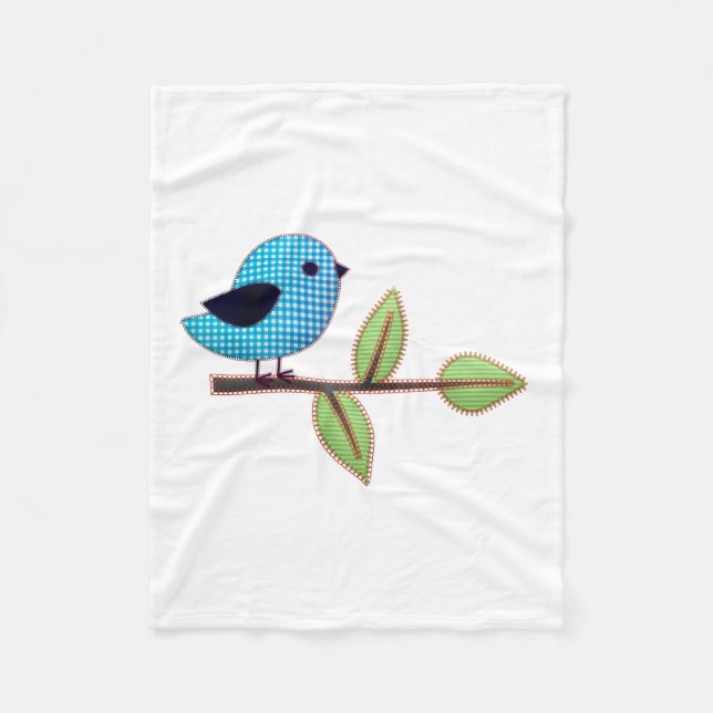 Manta Polar Bird Blue Gingham con hojas de bordado (Anverso)
