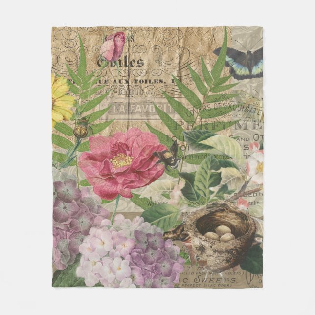 Manta Polar Bird Nest Floral Jardín Flor Mariposa Arte (Anverso)