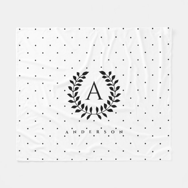 Manta Polar Black And White Laurel Monogram Polka Dot Pattern (Frente (Horizontal))