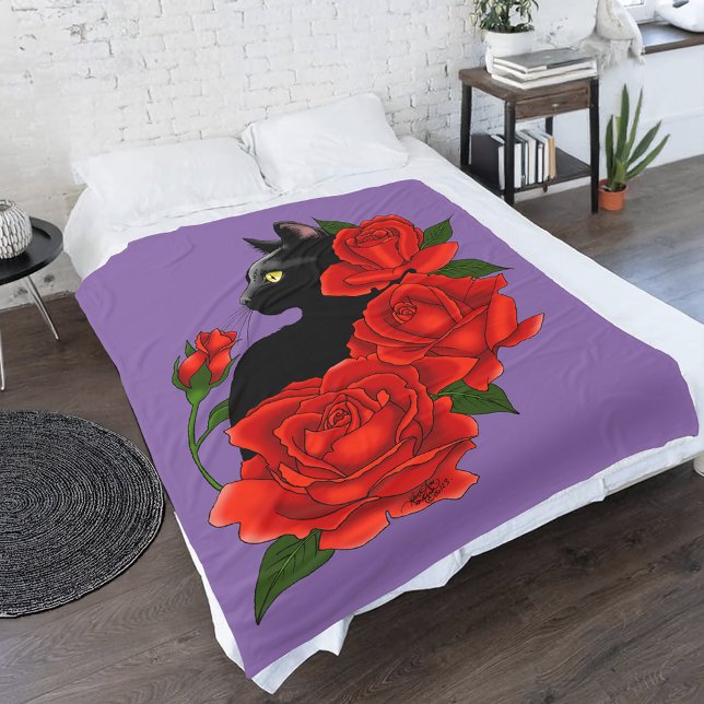 Manta Polar Black Cat Roses Red Roses Purple (Subido por el creador)