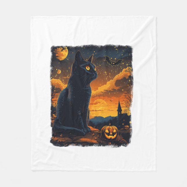 Manta Polar Black Cat Starry Night Van Gogh Pumpkins Bats Hall (Anverso)
