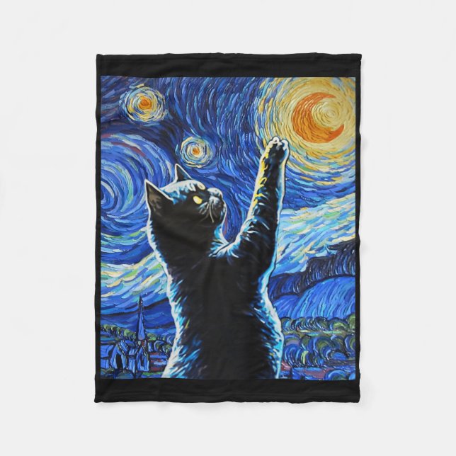 Manta Polar Black Cat Starry Night Vincent Van Gogh Halloween (Anverso)