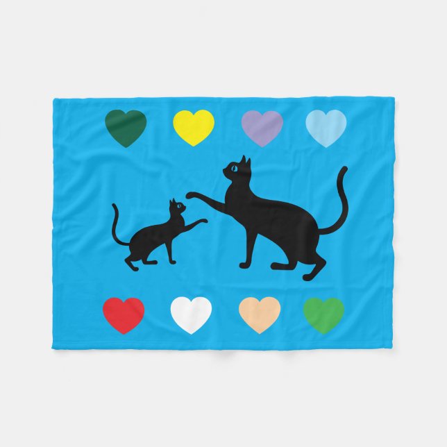 Manta Polar Black Cats & Rainbow Hearts on Blue Fleece Blanket (Frente (Horizontal))