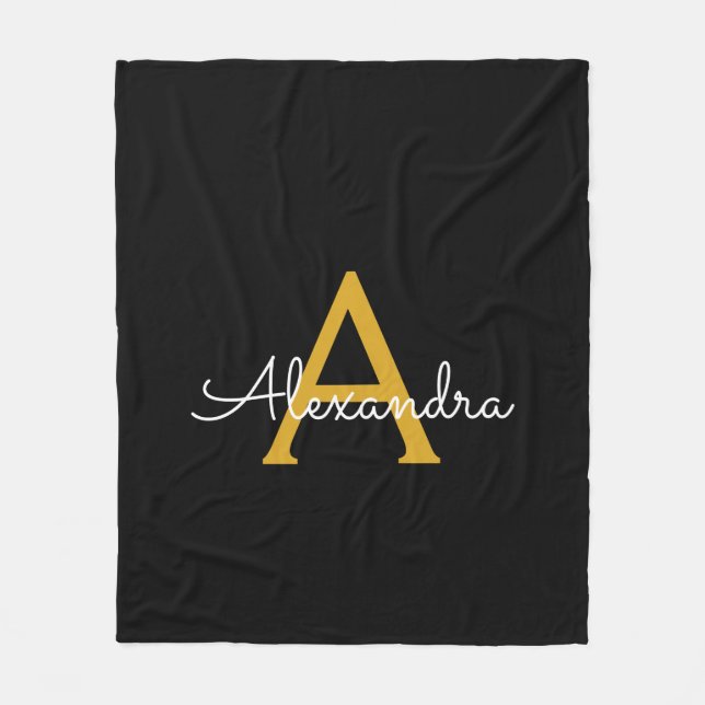 Manta Polar Black Gold Girly Script Monograma Nombre moderno (Anverso)