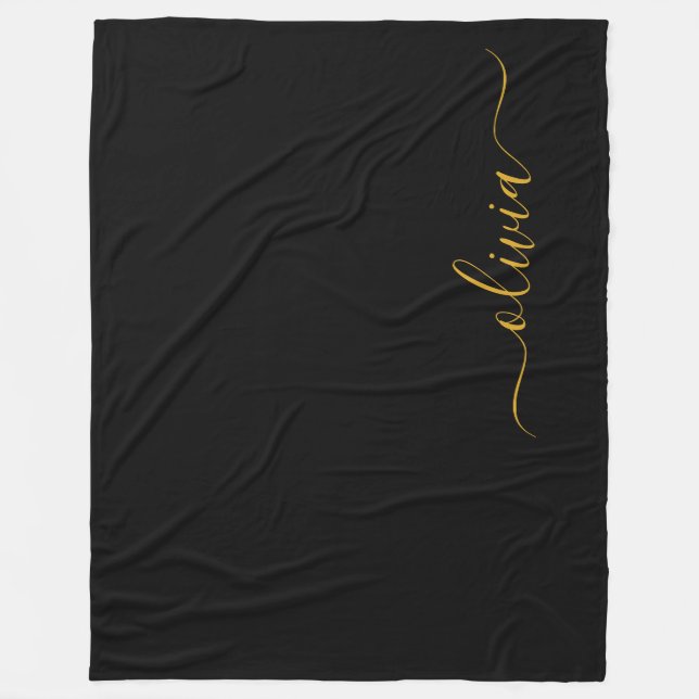 Manta Polar Black Gold Modern Script Girly Monograma Nombre (Anverso)