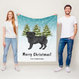 Manta Polar Black Pug Cute Cartoon Dog Snowley Winter Forest