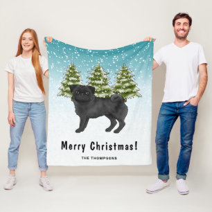Manta Polar Black Pug Cute Cartoon Dog Snowley Winter Forest