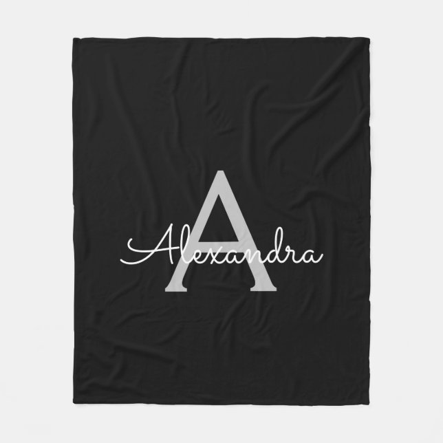 Manta Polar Black Silver Modern Script Girly Monograma Nombre (Anverso)