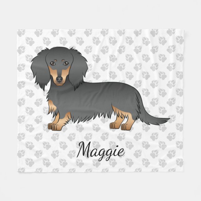 Manta Polar Black & Tan Long Hair Dachshund Cartog Dog & Name (Frente (Horizontal))