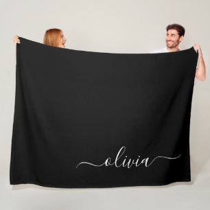 Manta Polar Black White Modern Script Girly Monograma Nombre