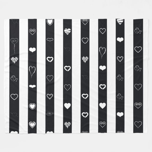 Manta Polar Black White Stripes Modern Heart Pattern (Frente (Horizontal))