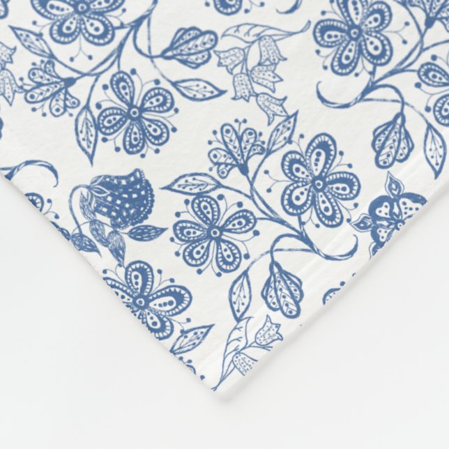 Manta Polar Blanco de la flor floral indigo azul étnico (Esquina)