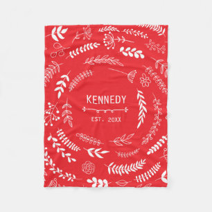 Manta Polar Blanco Rojo Luminoso Patrón Monograma Floral