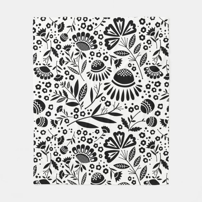 Manta Polar Blanco y negro floral del jardín geométrico (Anverso)