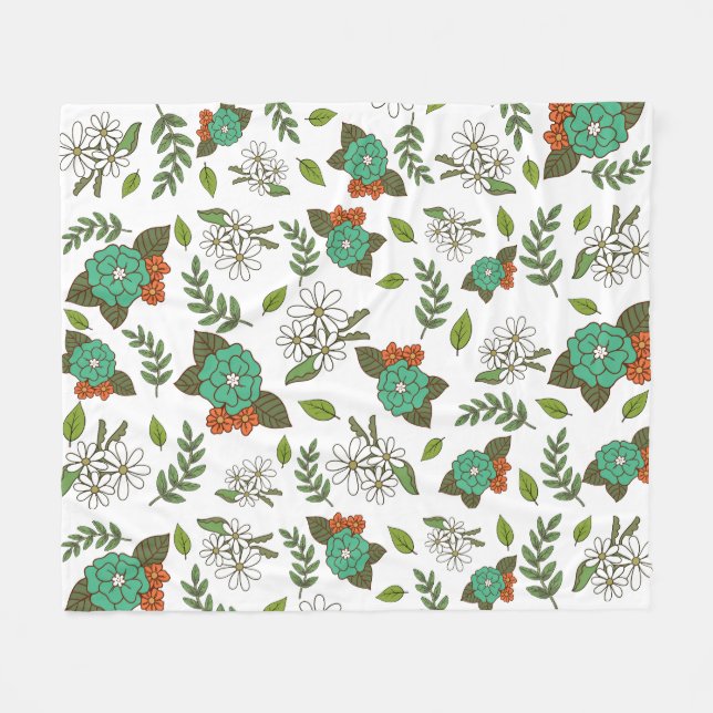 Manta Polar Blanco y Verde Floral Retro (Frente (Horizontal))