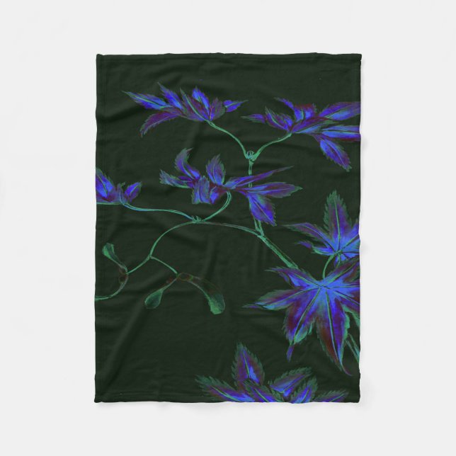 Manta Polar Blanda de flor floral azul profundo y verde japoné (Anverso)