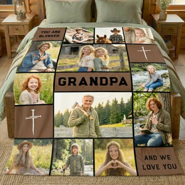 Manta Polar Blessed Grandpa 12 Photo Collage Custom Text (Subido por el creador)