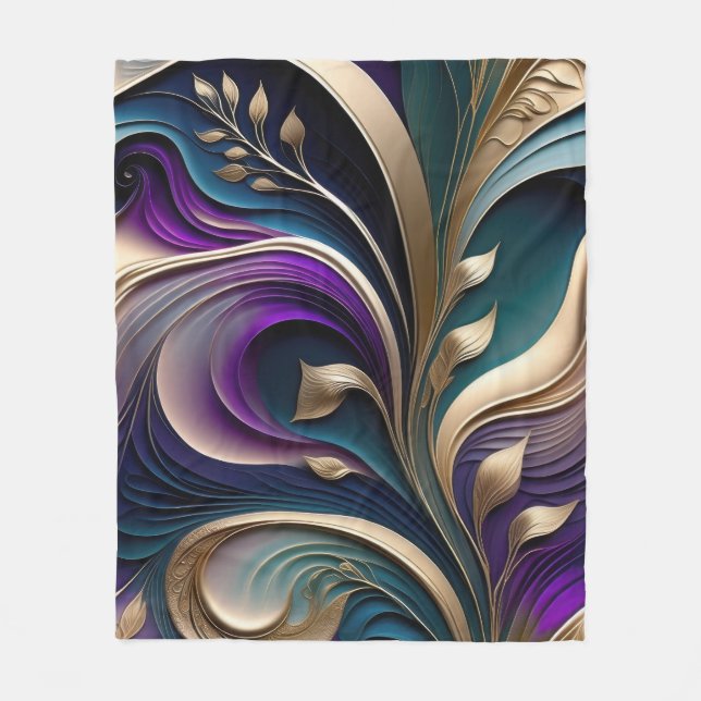 Manta Polar Bloom dorado - Flora abstracta profunda púrpura y  (Anverso)