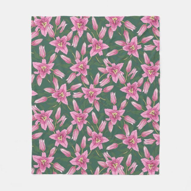 Manta Polar Blooming Lilies in Deep Green Fleece Blanket (Anverso)