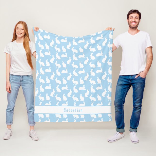 Manta Polar Blue And White Bunny Pattern Cute Rabbits And Name (In situ)