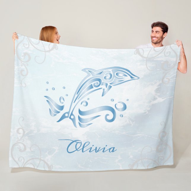 Manta Polar Blue Dolphin Personalized Fleece Blanket (In situ)